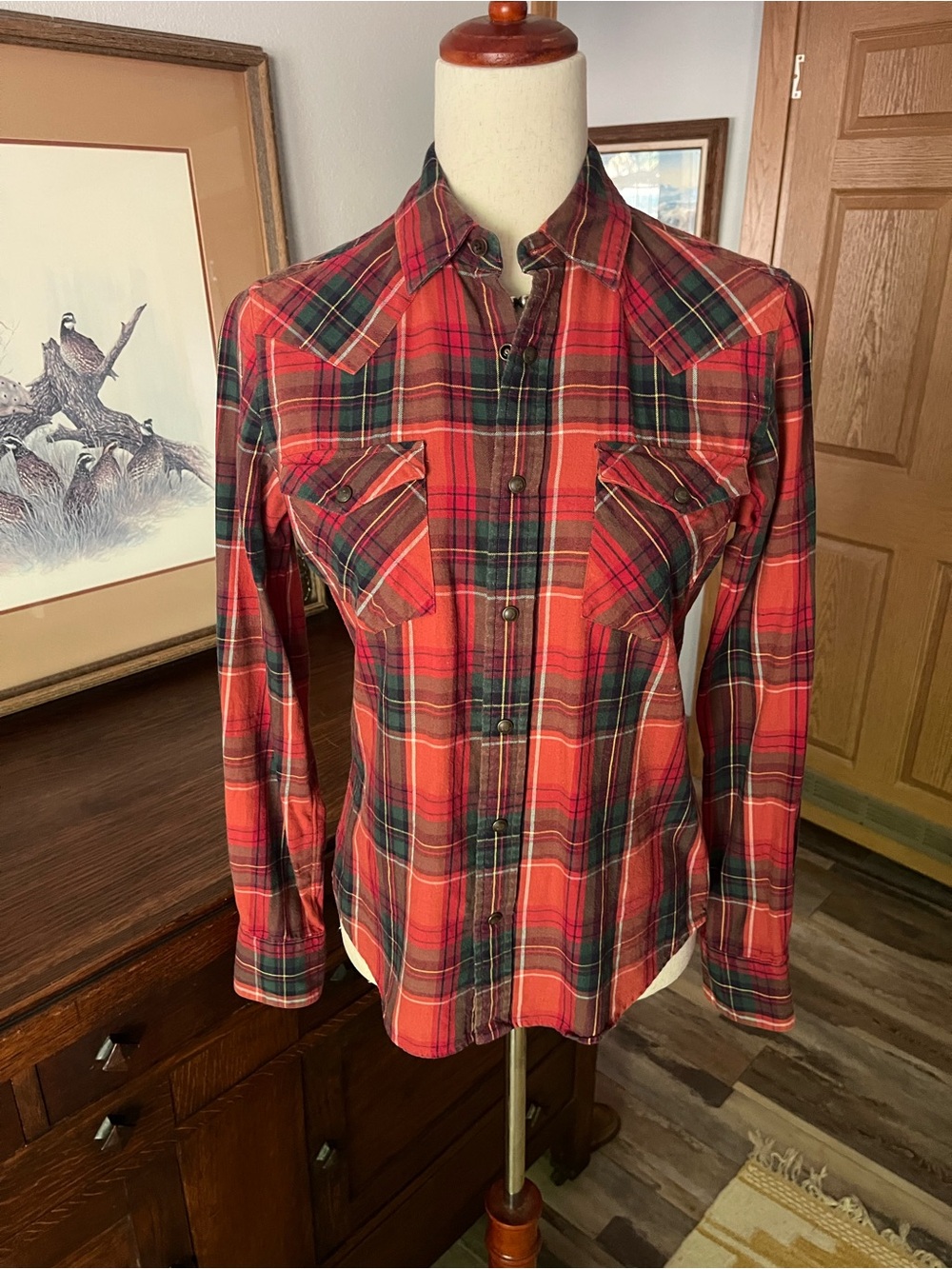 Vtg Ralph Lauren western flannel pearl snap cotton wool plaid red green